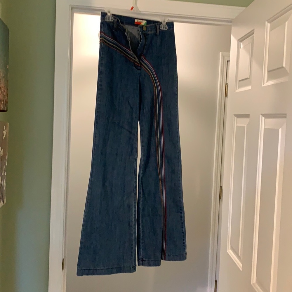 High rise bell bottom jeans, rainbow embroidery
